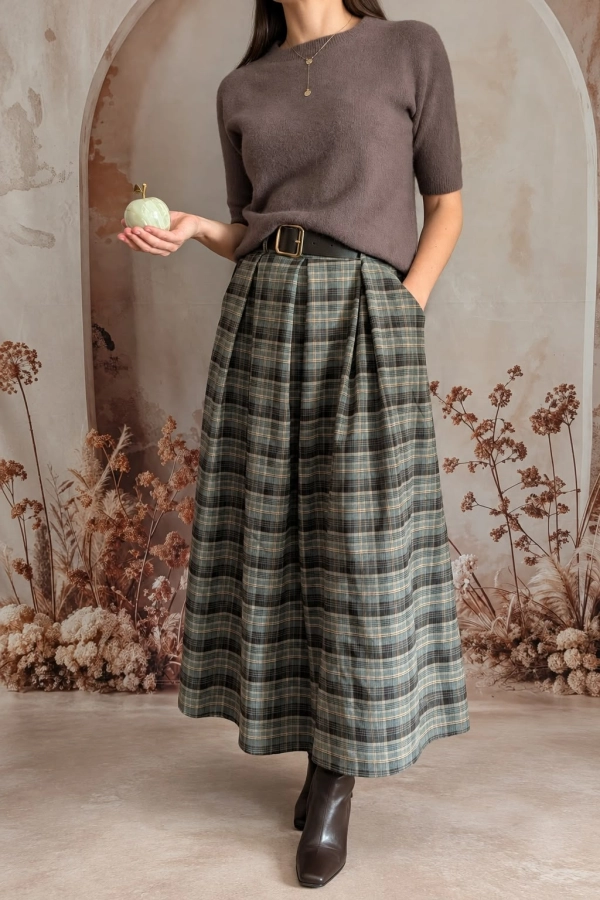 Spódnica midi w kratę z szerokim paskiem w odcieniach szarości, beżu i brązu - Celebracja Butik